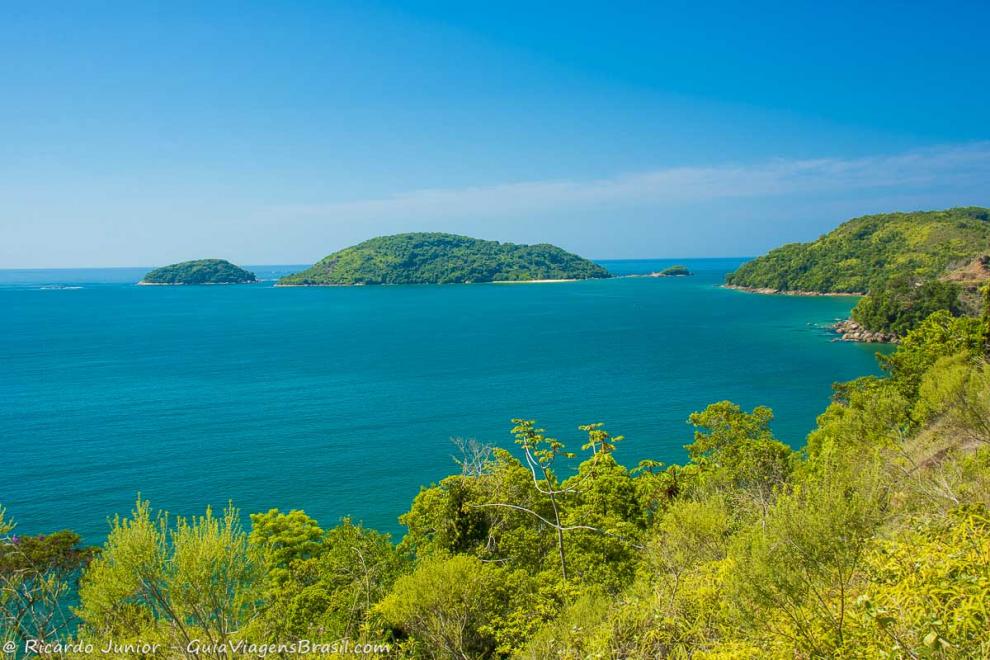 Imagem da Ilha de Prumirim em um dia ensolarado de Ubatuba.